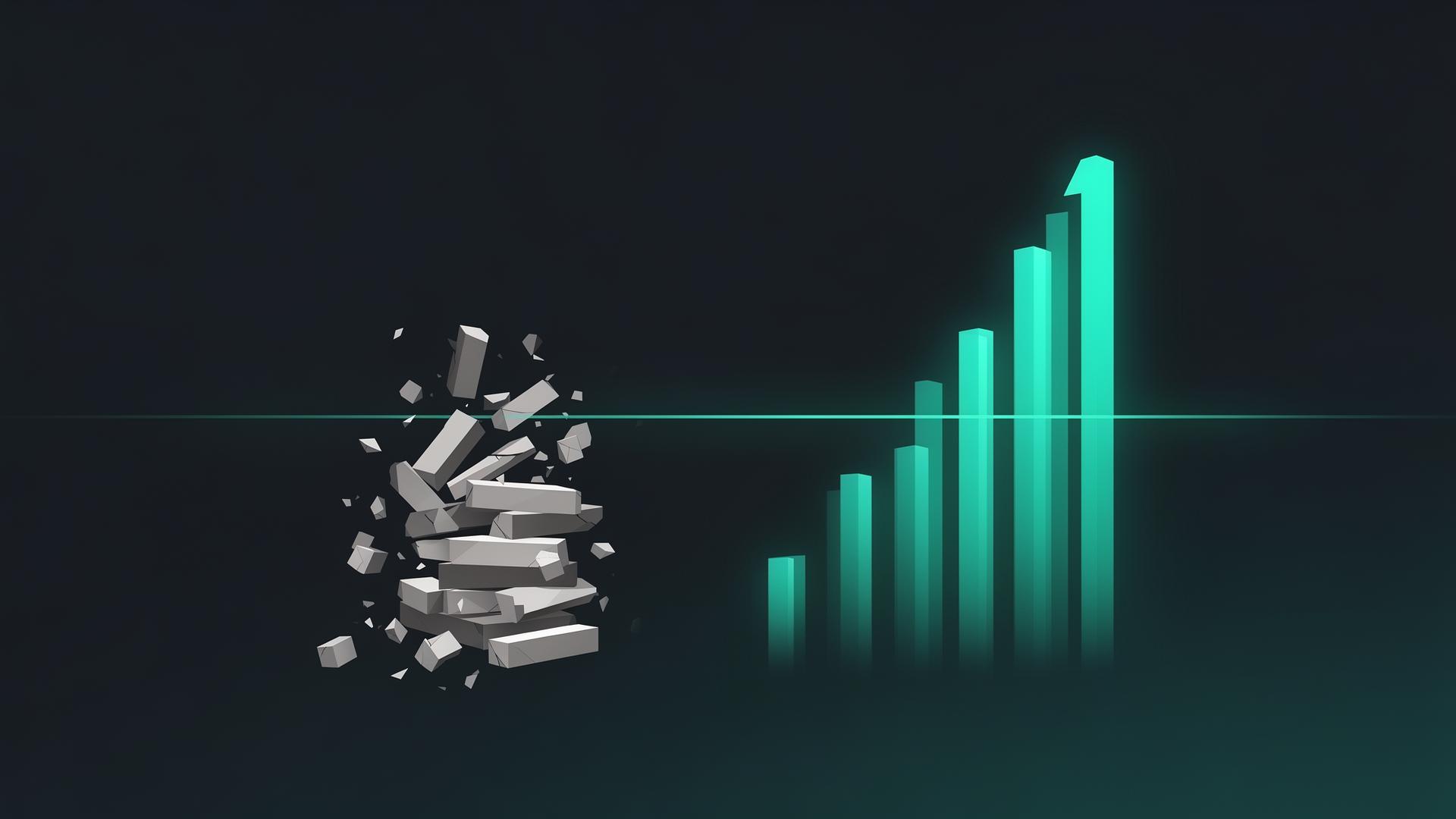 Abstract illustration contrasting a fractured stack of blocks with a rising teal bar chart on a dark background.