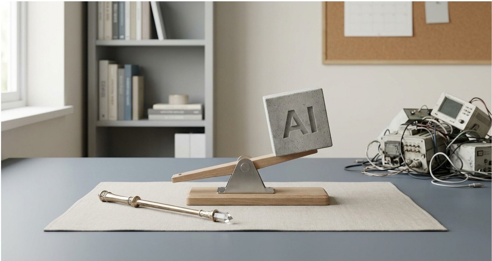 A seesaw with a block labeled 'AI' on one side and a pile of electronic equipment on the other, with a magic wand lying in front.
