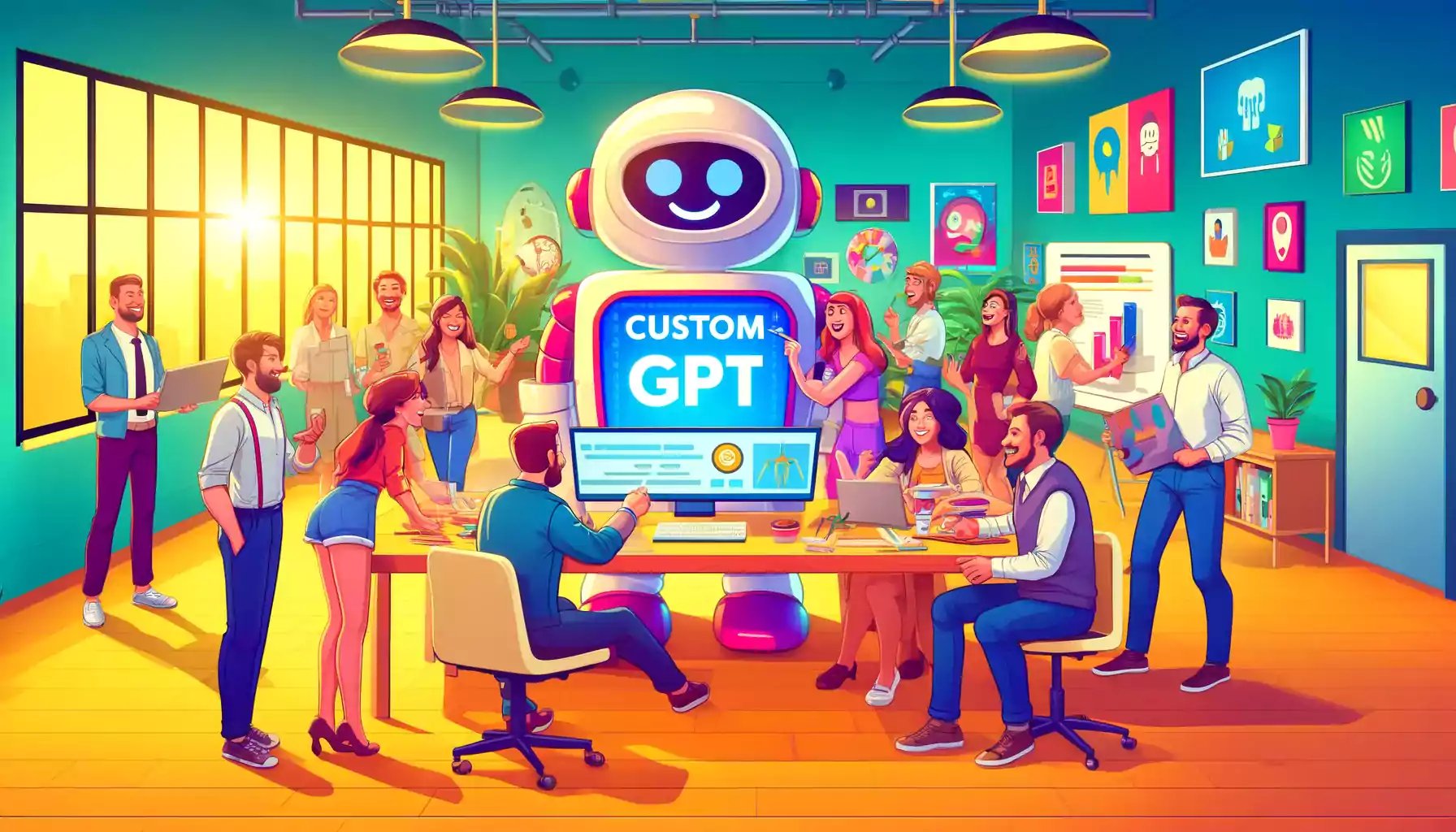 DALL·E 2024-05-04 14.17.51 - A light-hearted, colorful illustration of a digital marketing team setting up a custom GPT. The scene shows a diverse group of marketers and technolog-1